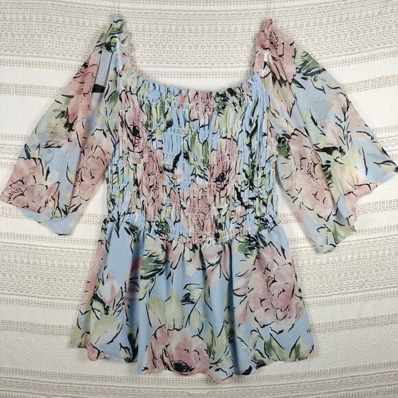 Chenault Off Shoulder Floral Smocked Blouse Blue Pink Size L - Picture 2 of 8
